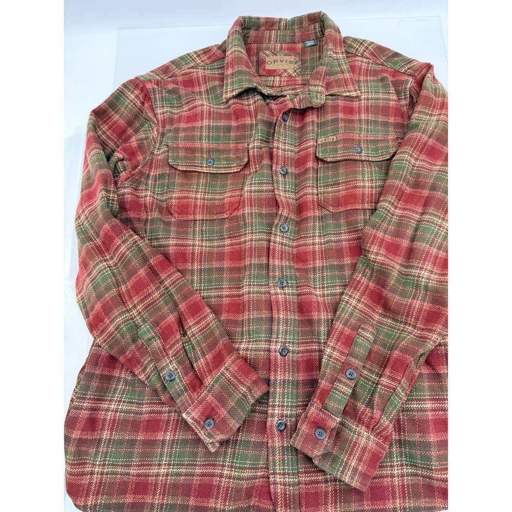 Orvis Large Flannel Button Down Red Green Plaid Workwear Shirt Cabin Classic - Picture 3 of 12